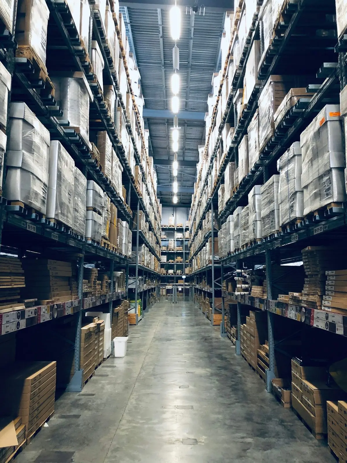 Racked pallets in a distribution warehouse